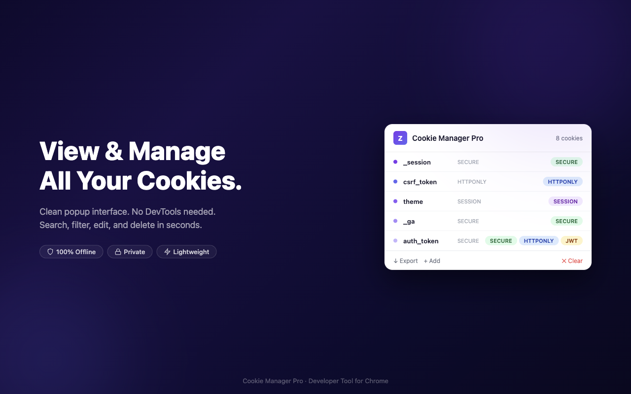 Cookie Manager Pro - Cookie Editor to View, Edit, Export & Delete Cookies - 截图 1