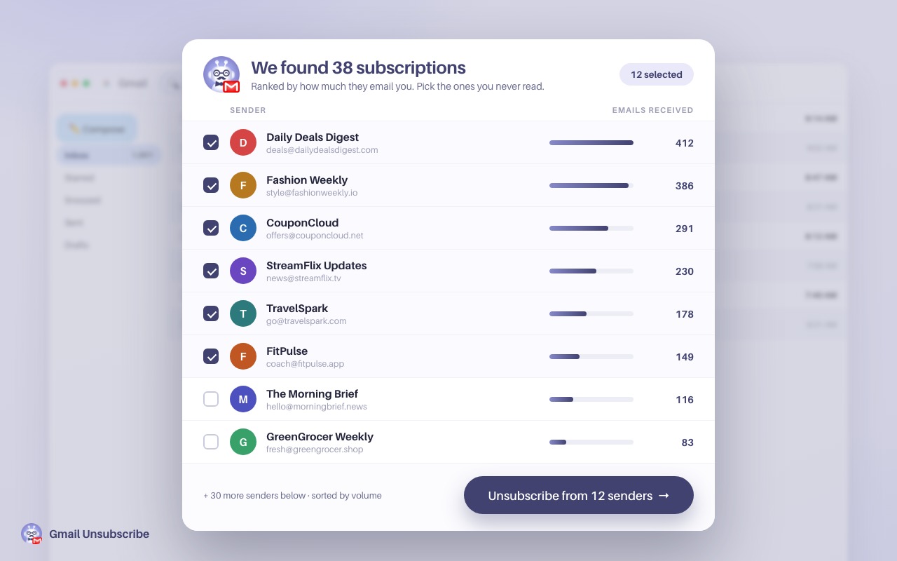 Gmail Unsubscribe - bulk email unsubscription - 截图 3