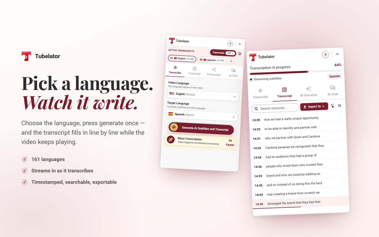 Tubelator: AI Subtitles, Summaries & Transcript Export for YouTube - 截图 1
