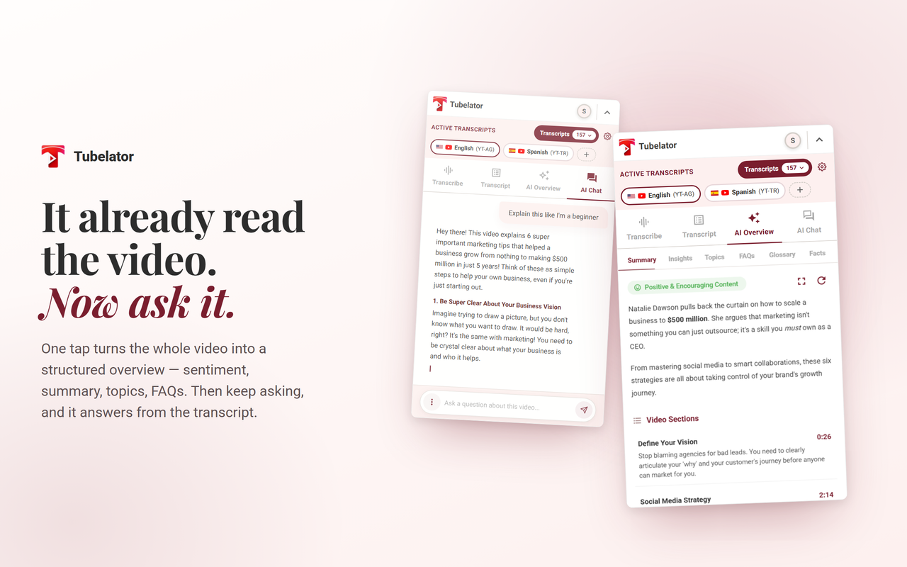 Tubelator: AI Subtitles, Summaries & Transcript Export for YouTube - 截图 3