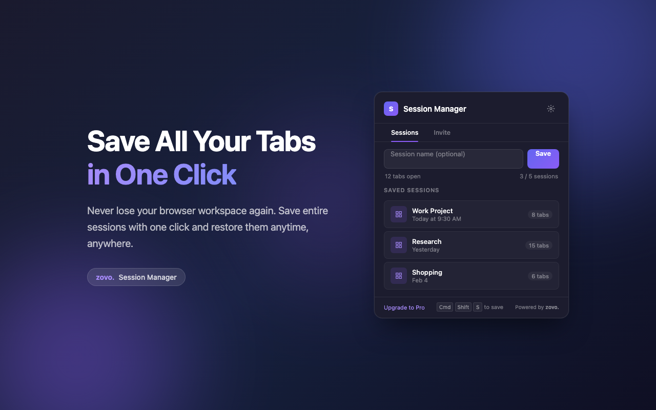 Session Manager Pro - Save & Restore Tabs, Windows and Browsing Sessions - 截图 1