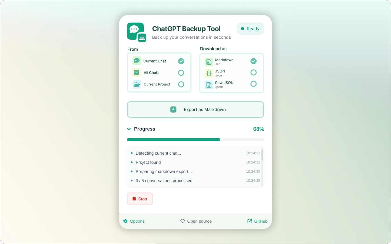 ChatGPT Backup - ChatGPT to PDF, MD, and more - 截图 1