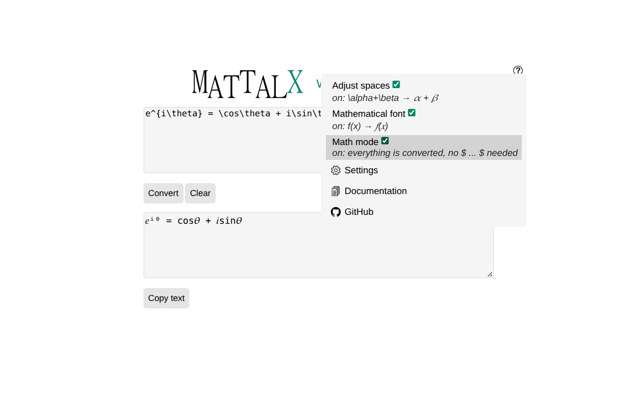 MatTalX - LaTeX to Unicode math symbols - 截图 2