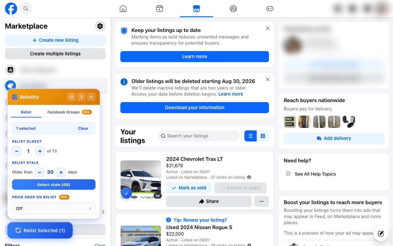 Delete & Relist Facebook Marketplace — Relistify - 截图 1