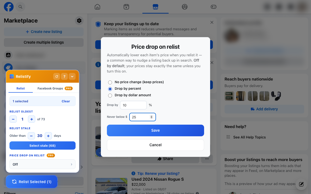 Delete & Relist Facebook Marketplace — Relistify - 截图 3