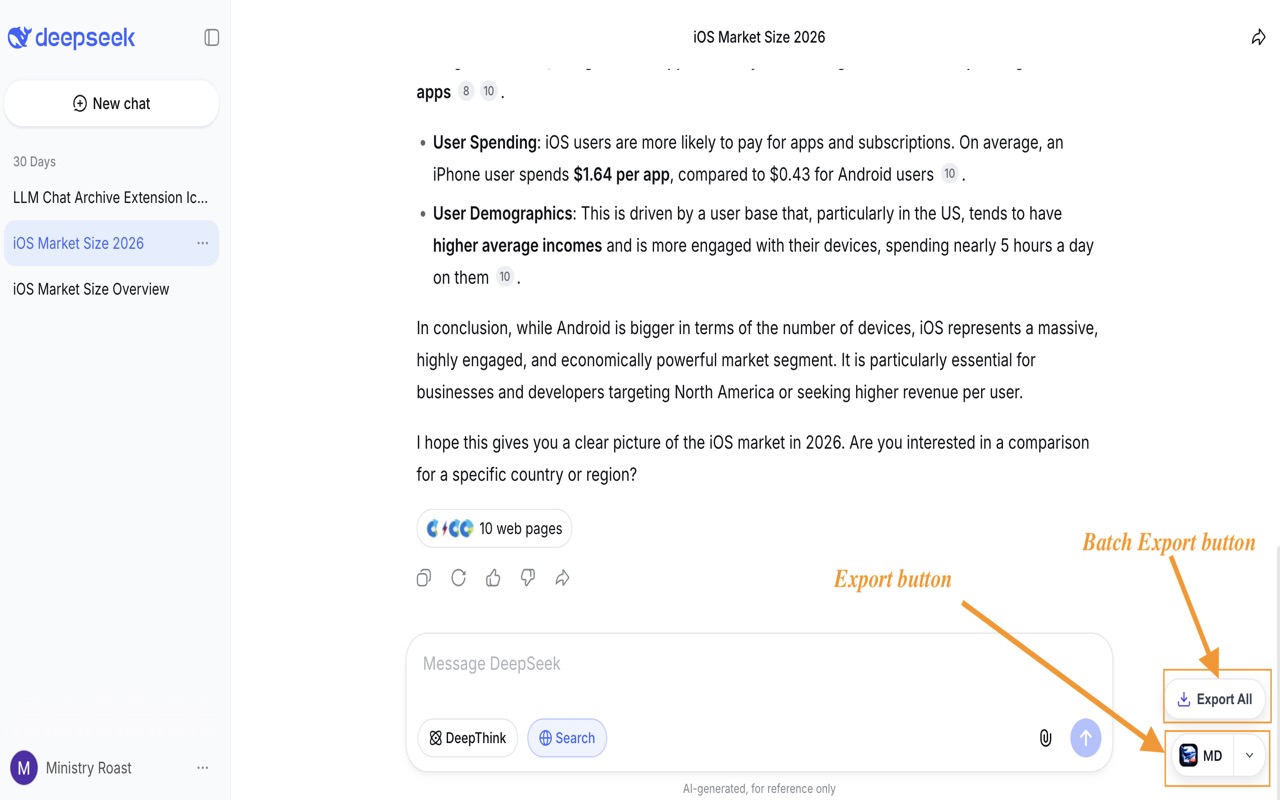 DeepSeek 导出器 - 将对话导出为 PDF、Markdown、JSON - 截图 1