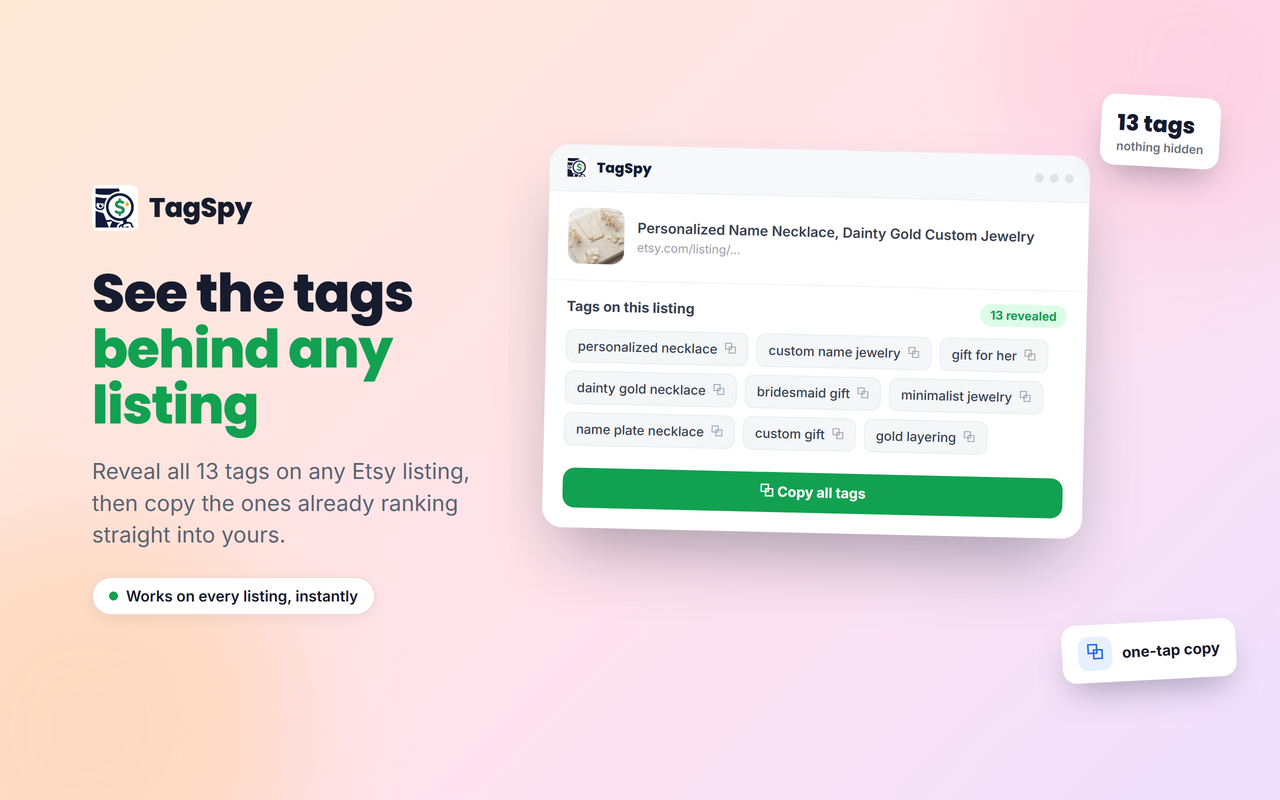 TagSpy: 查看任何Etsy商品的隐藏标签和SEO评分 - 截图 2