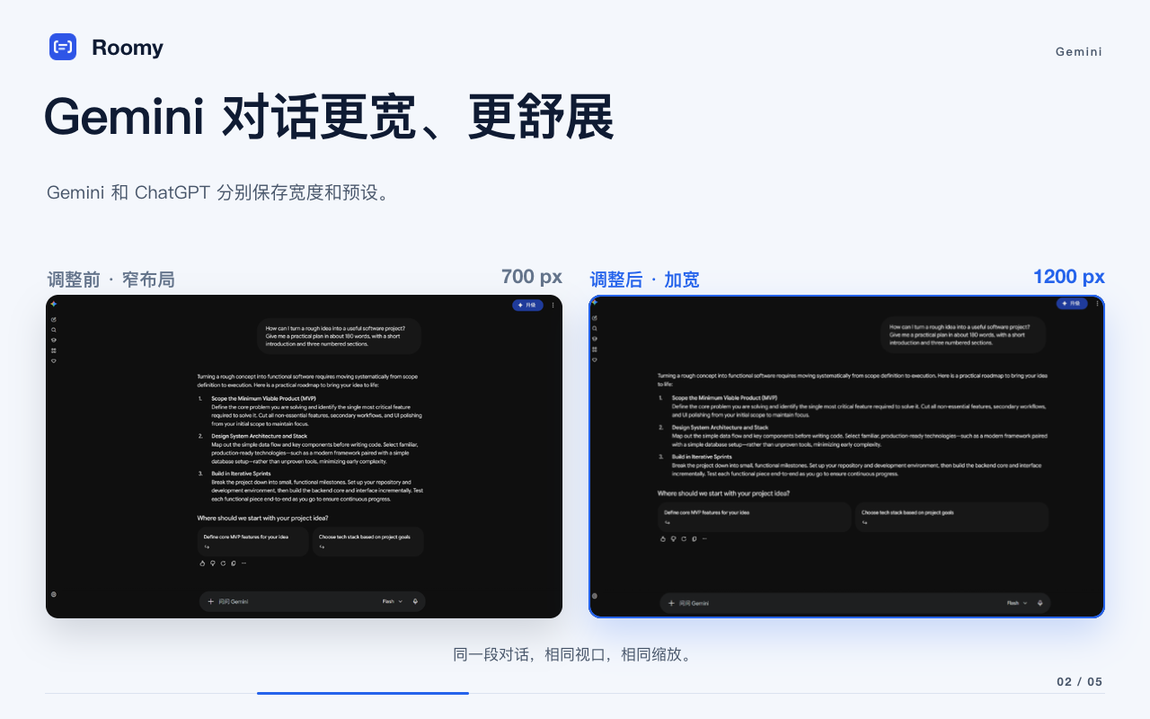 Roomy：Gemini 与 ChatGPT 宽屏阅读 - 截图 2