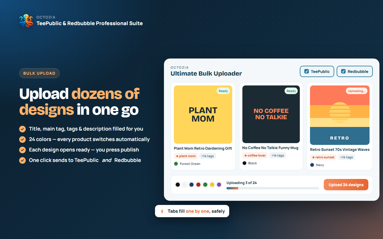 OctoZia Suite - TeePublic & Redbubble Bulk Uploader + Tag Generator - 截图 1
