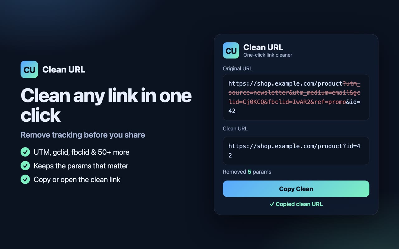 Clean URL – 移除 UTM 和跟踪参数 - 截图 1