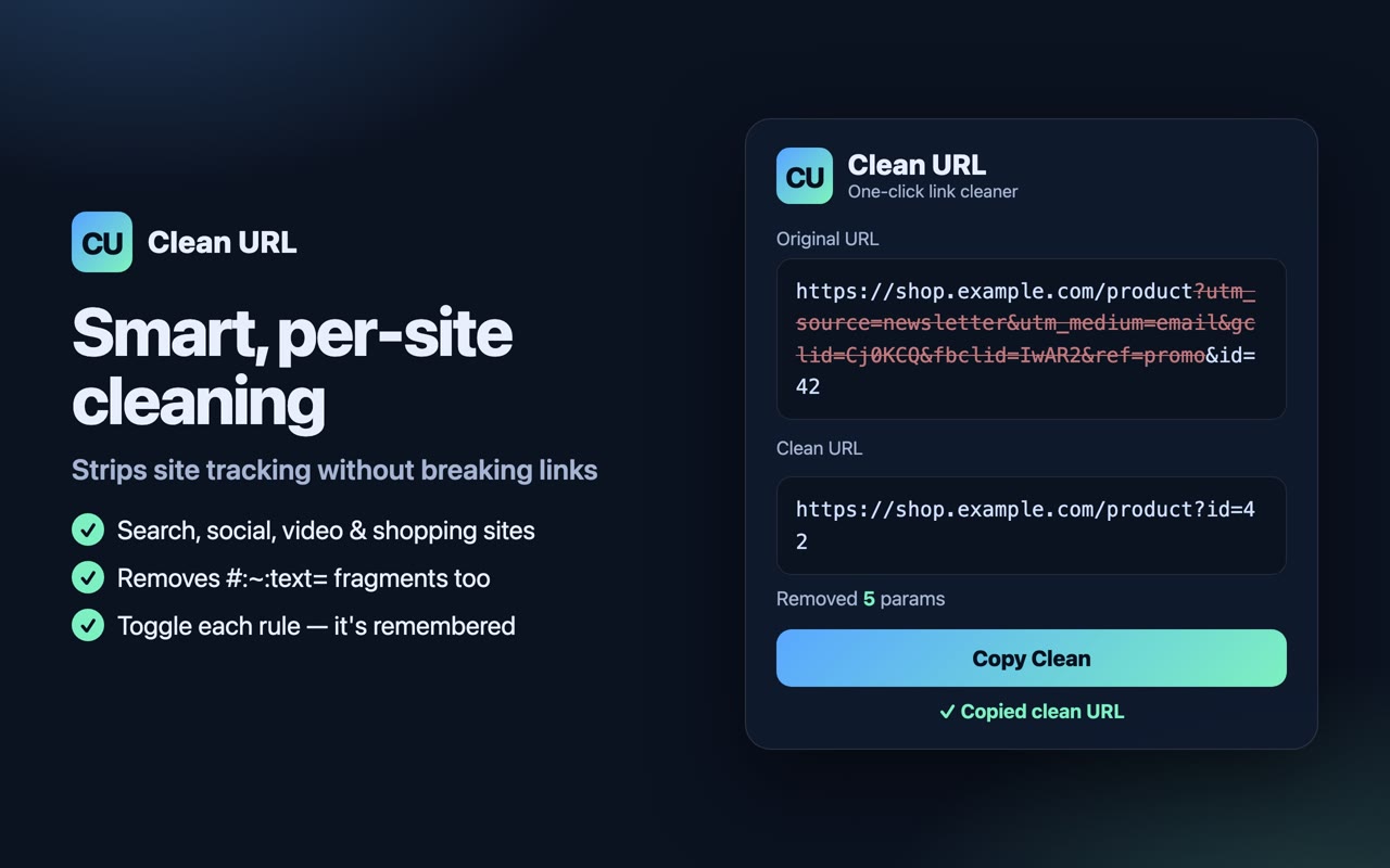 Clean URL – 移除 UTM 和跟踪参数 - 截图 2