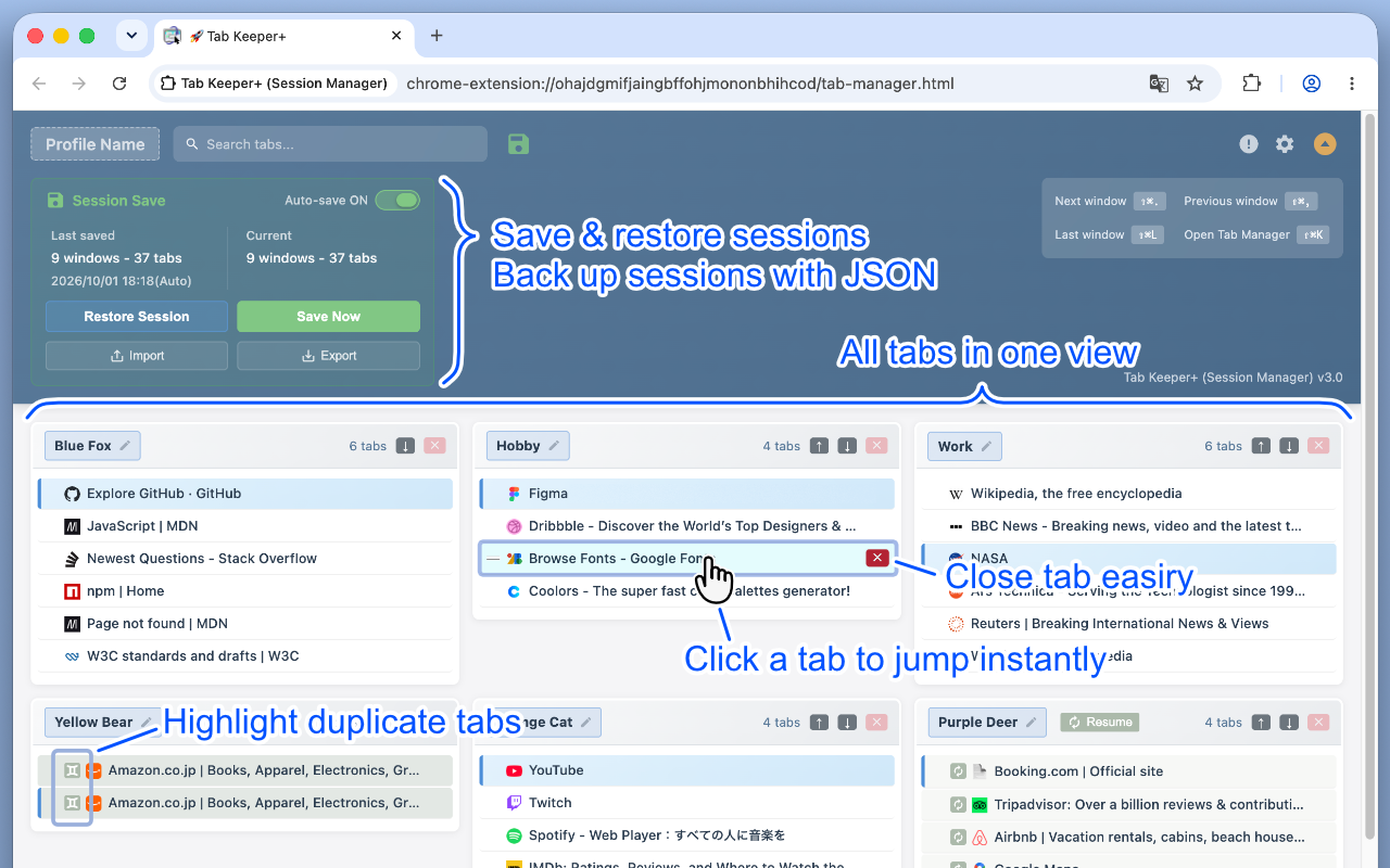 Tab Keeper+ (Session Manager) - 截图 1