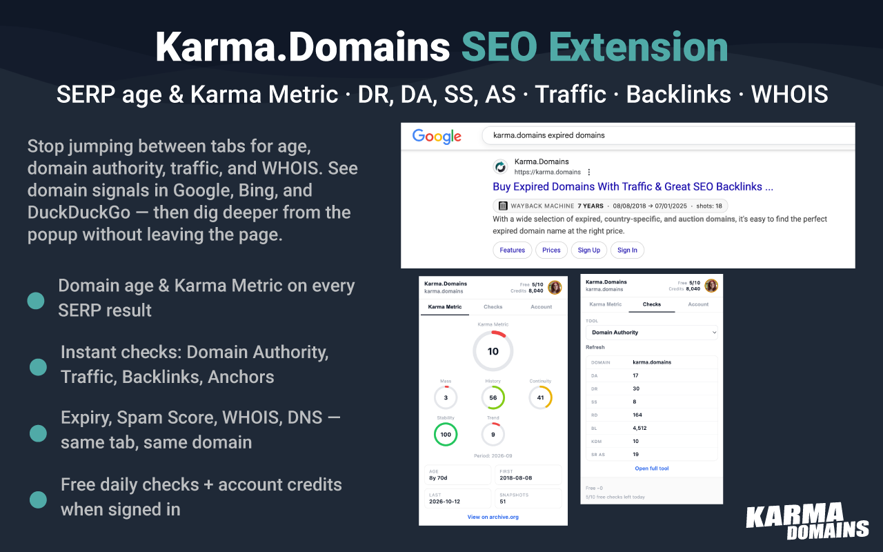 Karma Domains | Domain Age, SEO Checks & SERP Helper - 截图 1