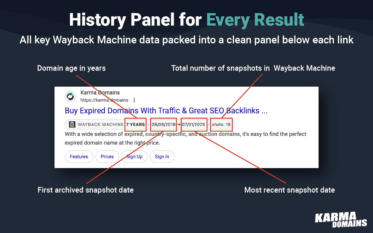 Karma Domains | Domain Age, SEO Checks & SERP Helper - 截图 3