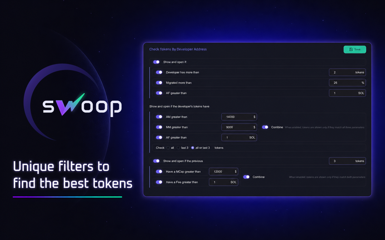Swoop: Solana Memecoin Terminal & Dev Tracker - 截图 3